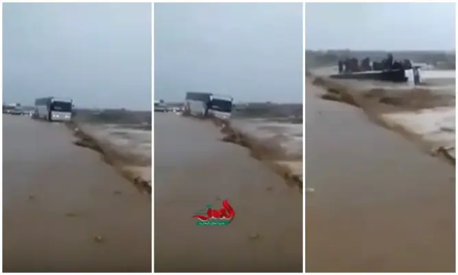 سائق متهور يغامر بحافلة وسط سيول جارفة ويتسبب في انحرافها قرب كلميمة (صور)