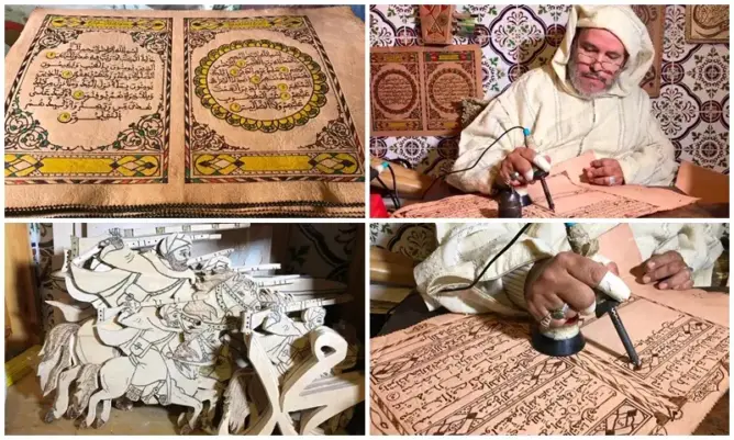 مغربي مُقعَد يخط القرآن على جلد ماعز بأسلوب مبدع (صور)