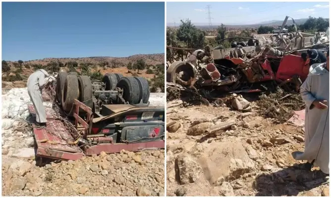 شاحنة محملة بأطنان الدقيق “تسحق” سائقها وترديه قتيلا بإفني (صور)