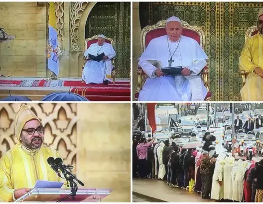 تحت الأمطار.. الملك والبابا يلقيان خطابا أمام عشرات الآلاف بباحة مسجد حسان (صور)