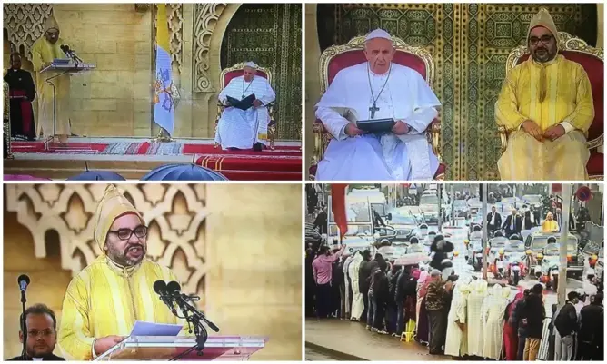 تحت الأمطار.. الملك والبابا يلقيان خطابا أمام عشرات الآلاف بباحة مسجد حسان (صور)