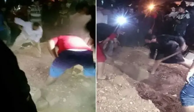 إثر سماع أنين.. إخراج جثة سيدة من قبرها بعد دفنها بأيام بسطات (فيديو)