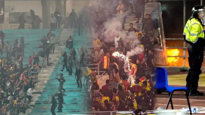 شغب وفوضى وأنصار الترجي يحرقون ملعب رادس وسط إشتباكات مع الأمن(فيديو)