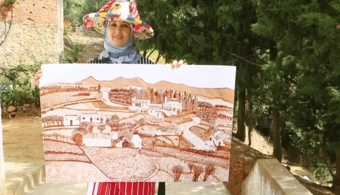 ترسم بماء الزيتون… زهرة من المغرب العميق تبدع  في الفن التشكيلي
