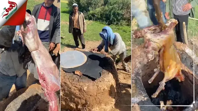 باستعمال فرن الطين..شاهد مراحل شواء الخروف بمنطقة زعير