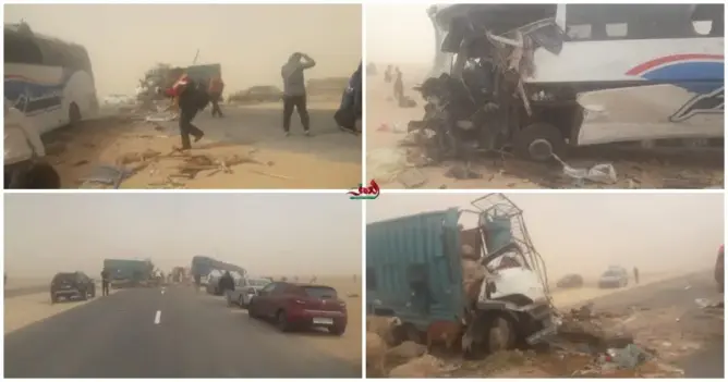 قتلى وجرحى في اصطدام حافلة مسافرين بشاحنة لنقل المواشي قرب طرفاية (صور)