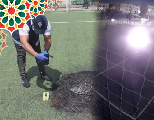 رصدتهم الكاميرات .. مجهولون يضرمون النار في ملعب بأكادير والأمن يحقق (فيديو)