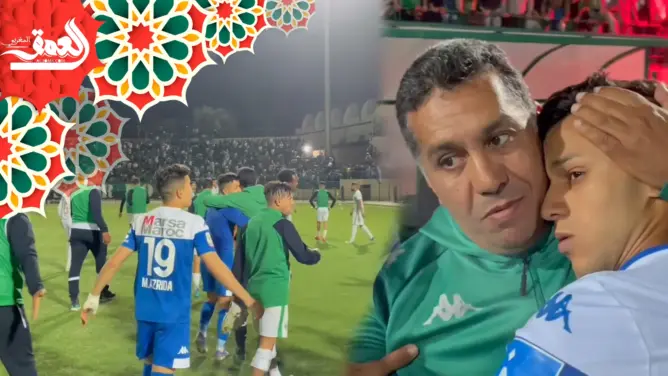 عناق ودموع فرح.. الطاوسي يحتفل مع لاعبيه بالتأهل الرجاوي على حساب بني ملال