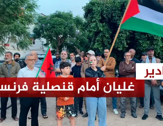 غليان شعبي أمام قنصلية فرنسا بأكادير تنديدا بدعم ماكرون للعدوان على غزة(فيديو)