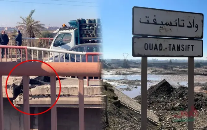 تصدع خطير بقنطرة “واد تانسيفت” يتسبب في انقلاب شاحنة وشلل مروري بشمال مراكش (صور)
