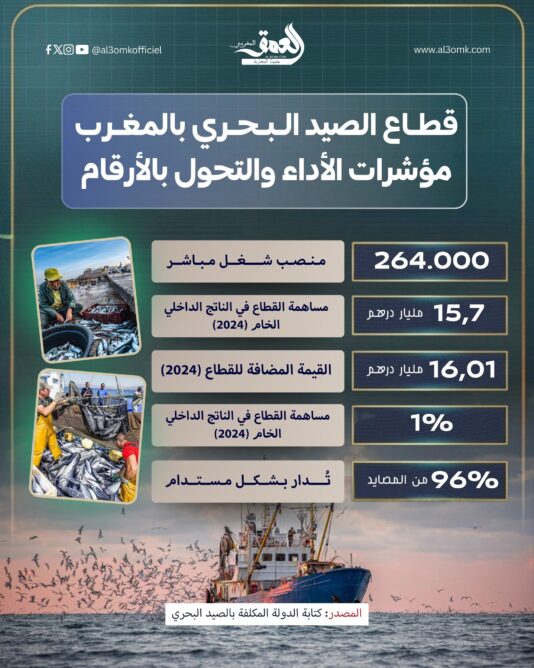 سجّل قطاع الصيد البحري بالمغرب مؤشرات أداء إيجابية خلال سنة 2024، وفق معطيات رسمية صادرة عن كتابة الدولة المكلفة بالصيد البحري، حيث يوفر القطاع نحو 264 ألف منصب شغل مباشر، ويساهم بـ15,7 مليار درهم في الناتج الداخلي الخام. كما بلغت القيمة المضافة للقطاع حوالي 16,01 مليون درهم خلال السنة نفسها، فيما تمثل مساهمته نسبة 1 في المائة من الناتج الداخلي الخام الوطني. وأكدت المعطيات أن 96 في المائة من المصايد تُدار بشكل مستدام.