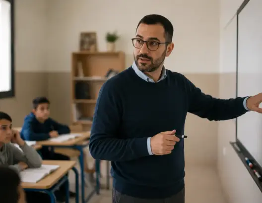 أستاذ داخل فصل دراسي خلال تقديم درس لتلامذته في المدرسة العمومية المغربية.