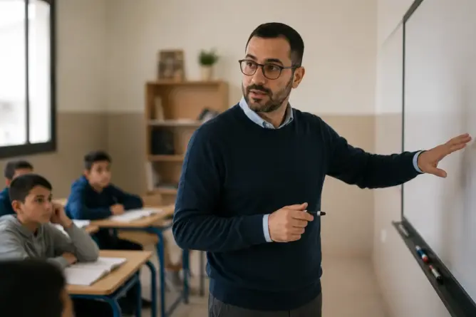 أستاذ داخل فصل دراسي خلال تقديم درس لتلامذته في المدرسة العمومية المغربية.