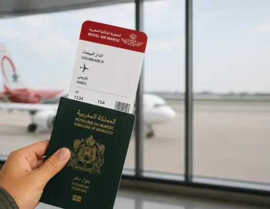 صورة رمزية لطالب يحمل جواز سفر مغربي أخضر وتذكرة سفر نحو باريس داخل مطار، في سياق خبر عن تذاكر السفر المجانية للمترشحين لاجتياز الاختبارات الشفوية بفرنسا.