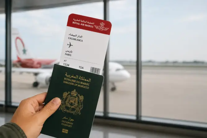 صورة رمزية لطالب يحمل جواز سفر مغربي أخضر وتذكرة سفر نحو باريس داخل مطار، في سياق خبر عن تذاكر السفر المجانية للمترشحين لاجتياز الاختبارات الشفوية بفرنسا.