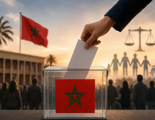 صندوق اقتراع يحمل العلم المغربي في المقدمة، مع يد تضع ورقة تصويت، وخلفية تضم مبنىً رسمياً وحشداً من المواطنين في مشهد يرمز للمشاركة الديمقراطية وحقوق الإنسان بالمغرب.