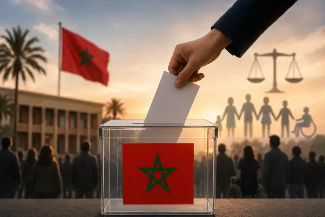 صندوق اقتراع يحمل العلم المغربي في المقدمة، مع يد تضع ورقة تصويت، وخلفية تضم مبنىً رسمياً وحشداً من المواطنين في مشهد يرمز للمشاركة الديمقراطية وحقوق الإنسان بالمغرب.