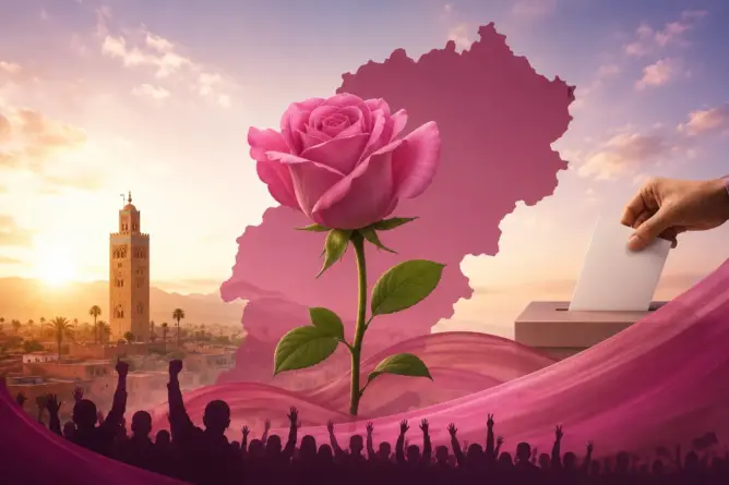 تصميم رمزي يجسد حزب الاتحاد الاشتراكي للقوات الشعبية وجهة مراكش آسفي في سياق الاستعداد للانتخابات التشريعية المقررة سنة 2026.