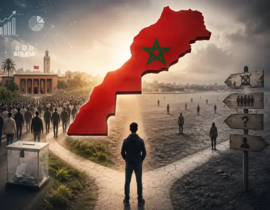 مشهد تعبيري يجسد العزوف الانتخابي وأزمة المشاركة السياسية في المغرب مع خريطة المملكة وصندوق اقتراع يرمزان إلى مستقبل الديمقراطية.