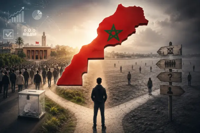 مشهد تعبيري يجسد العزوف الانتخابي وأزمة المشاركة السياسية في المغرب مع خريطة المملكة وصندوق اقتراع يرمزان إلى مستقبل الديمقراطية.