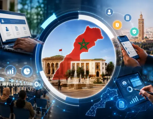 تصميم يعبر عن التحول الرقمي للخدمات العمومية في المغرب وربط الإدارة بالمواطن عبر المنصات والخدمات الإلكترونية.