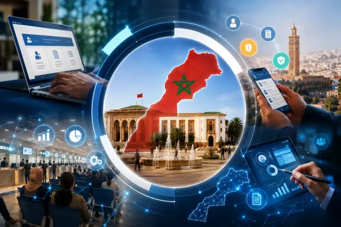 تصميم يعبر عن التحول الرقمي للخدمات العمومية في المغرب وربط الإدارة بالمواطن عبر المنصات والخدمات الإلكترونية.