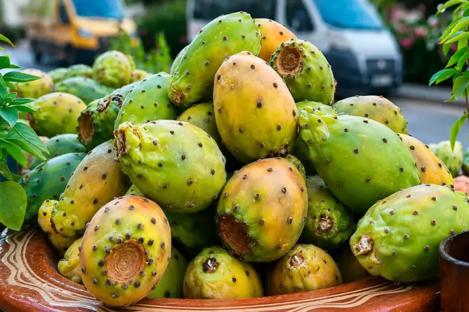 حبات الهندية المغربية (الكرموس) معروضة للبيع في أحد الأسواق، في ظل الارتفاع الكبير الذي تشهده أسعار التين الشوكي بالمغرب.