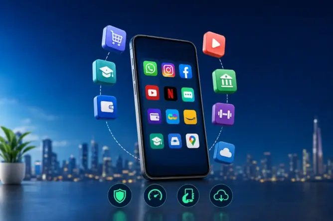 هاتف ذكي يعرض تطبيقات رقمية متنوعة مع أيقونات خدمات في خلفية مدينة مضيئة