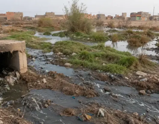مياه عادمة وبرك آسنة قرب حي الانبعاث بمدينة بن جرير بسبب اختلالات الصرف الصحي