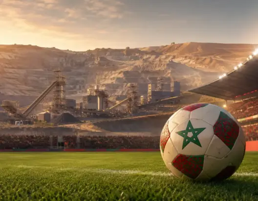 كرة قدم تحمل ألوان المغرب داخل ملعب حديث وخلفها منشآت فوسفاطية ترمز إلى دعم ثروات الفوسفاط لصعود كرة القدم المغربية.