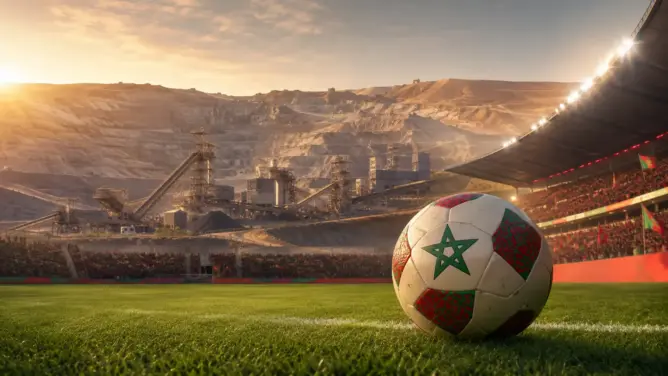 كرة قدم تحمل ألوان المغرب داخل ملعب حديث وخلفها منشآت فوسفاطية ترمز إلى دعم ثروات الفوسفاط لصعود كرة القدم المغربية.