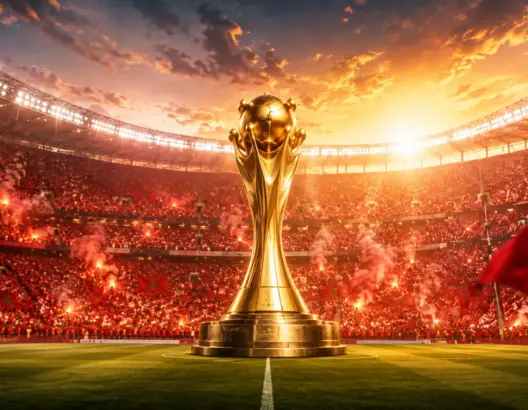 كأس ذهبي في ملعب مليء بالجمهور وأعلام حمراء تحت سماء غروب درامية لمونديال 2030