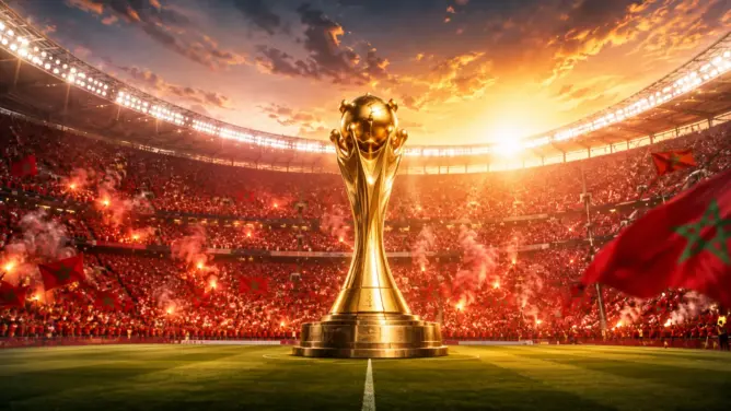 كأس ذهبي في ملعب مليء بالجمهور وأعلام حمراء تحت سماء غروب درامية لمونديال 2030