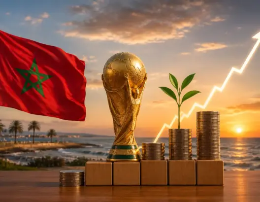 كأس ذهبية ونمو اقتصادي وعملات وعلم المغرب في خلفية غروب الشمس