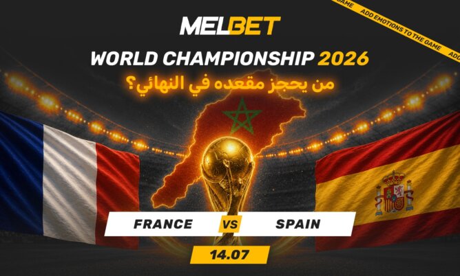 ملصق دعائي لكأس العالم 2026 يظهر الكأس الذهبي وعلم فرنسا وإسبانيا وخريطة المغرب