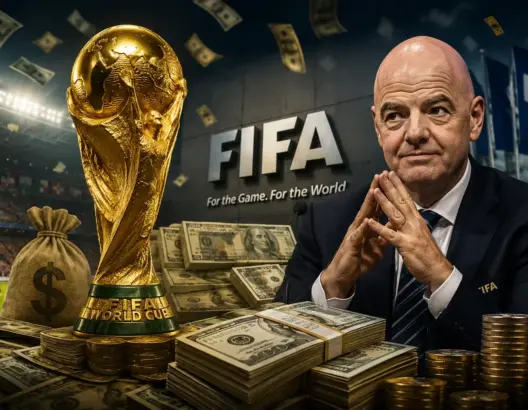 كأس العالم الذهبي محاط بالنقود في ملعب مع شعار الفيفا والعوائد المالية الضخمة