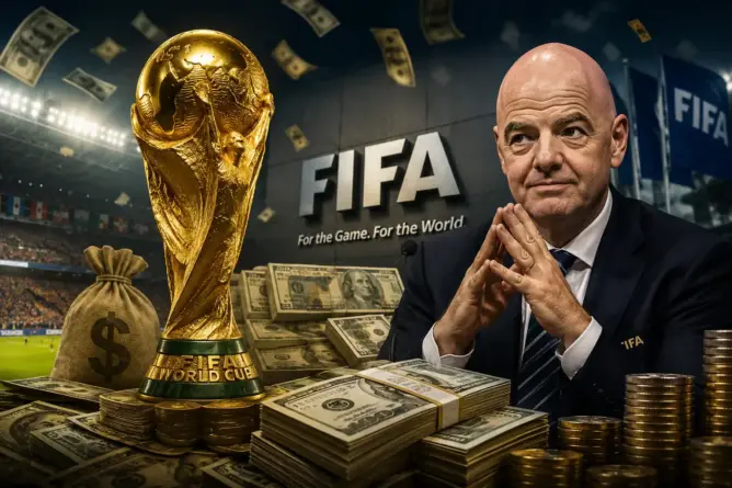 كأس العالم الذهبي محاط بالنقود في ملعب مع شعار الفيفا والعوائد المالية الضخمة