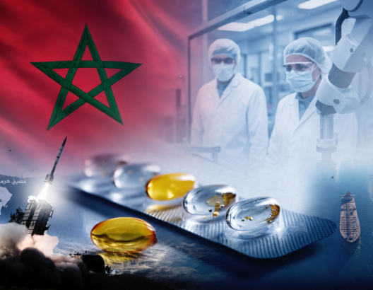 علم المغرب وخريطة شمال أفريقيا وصاروخ وكبسولات دوائية في صورة تعبيرية عن تموين الأدوية