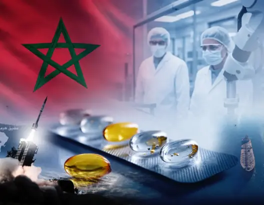 علم المغرب وخريطة شمال أفريقيا وصاروخ وكبسولات دوائية في صورة تعبيرية عن تموين الأدوية