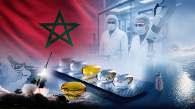 علم المغرب وخريطة شمال أفريقيا وصاروخ وكبسولات دوائية في صورة تعبيرية عن تموين الأدوية