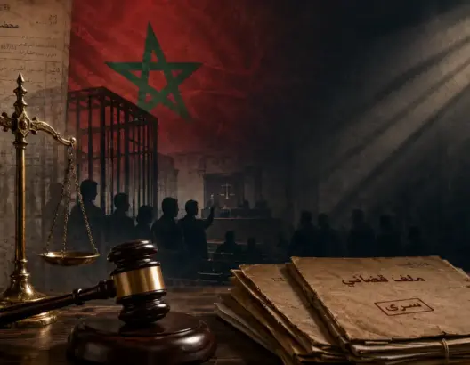 ميزان العدالة ومطرقة قاضٍ وكتب قانونية مع وثائق سريّة وقاعة محاكمة تعبيرية