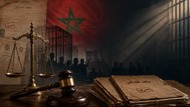ميزان العدالة ومطرقة قاضٍ وكتب قانونية مع وثائق سريّة وقاعة محاكمة تعبيرية