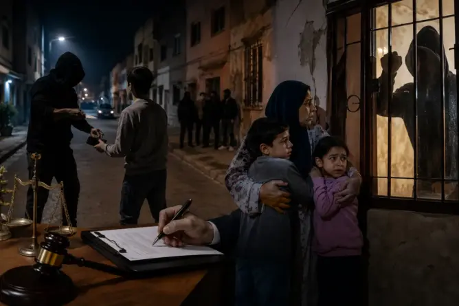 امرأة وطفلان أمام باب مكسور في شارع أزيلال أثناء شكاية قضائية ليلية
