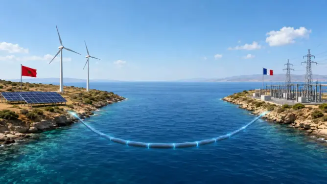 ألواح شمسية وعلم المغرب بجانب أنبوب كهربائي بحري يربط بمحطة طاقة فرنسية
