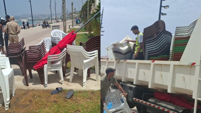 كراسي بلاستيكية ومظلة حمراء على كورنيش طنجة خلال حملة تحرير الملك العمومي