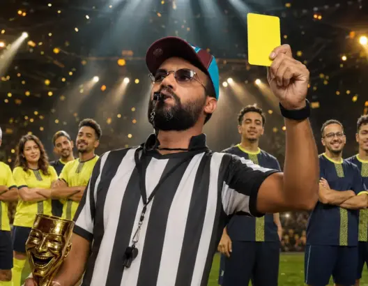 حكم يحمل بطاقة صفراء وكأساً ذهبياً في ملعب مضاء وسط فريق كوميدي