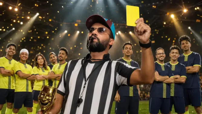 حكم يحمل بطاقة صفراء وكأساً ذهبياً في ملعب مضاء وسط فريق كوميدي