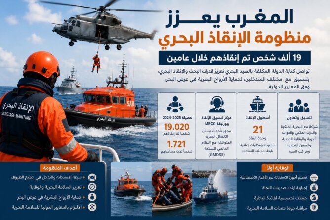 شخص بزي إنقاذ برتقالي على سفينة بحرية مع مروحيات وطائرات إنقاذ ورسومات توضيحية لأنشطة الإنقاذ البحري