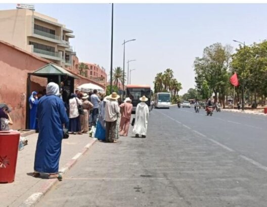 مجموعة أشخاص ينتظرون حافلة في شارع بمراكش تحت أشعة الشمس دون مظلات