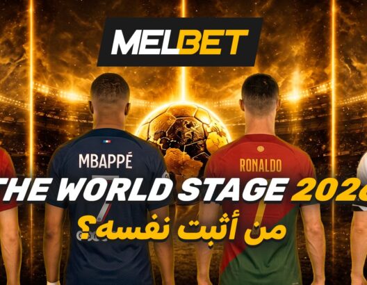 كرة ذهبية كبيرة في ملعب ذهبي مع لاعبين من خلفيات مختلفة ومونديال 2026